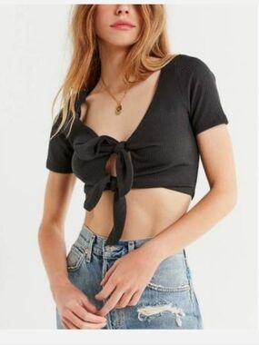 Urban Outfitters Black Ribbed Tie-Front Crop Top